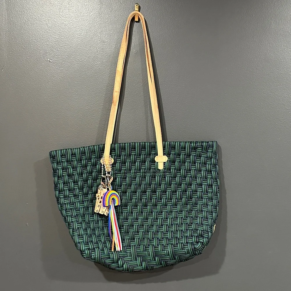 Consuela Green Woven Tote with Tan Straps